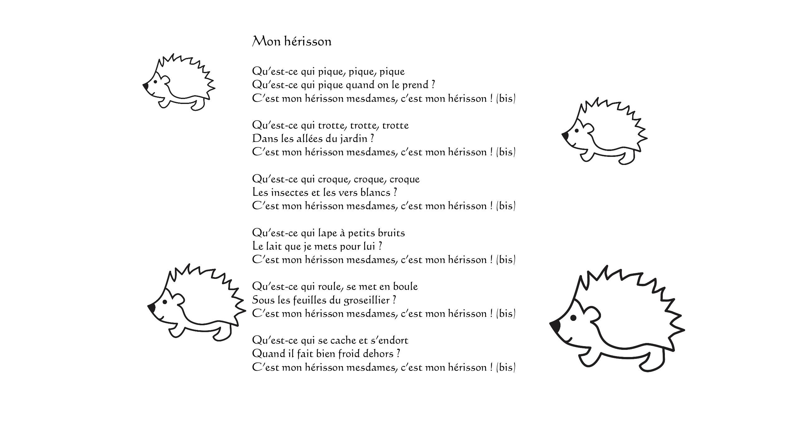 Paroles de la chanson Mon hérisson  Herisson, Comptine hérisson, Chanson  automne